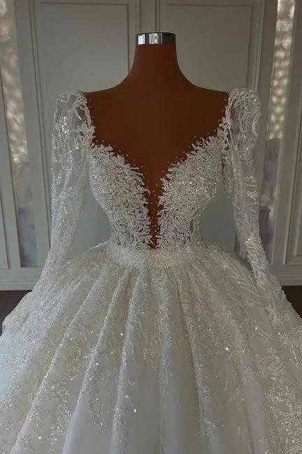 Luxury Princess A-line V-neck Lace Wedding Dresses With Long Sleeves (ZD16447)
