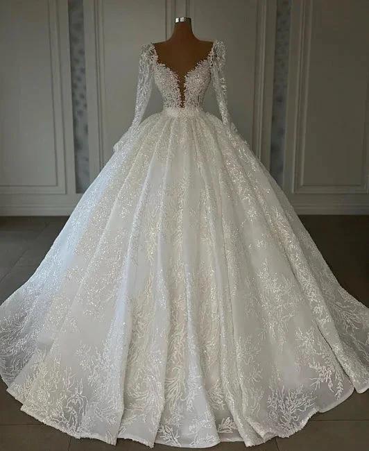 Luxury Princess A-line V-neck Lace Wedding Dresses With Long Sleeves (ZD16447)