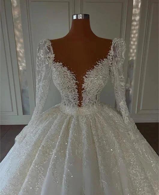 Luxury Princess A-line V-neck Lace Wedding Dresses With Long Sleeves (ZD16447) - View 4 | VelvetHem
