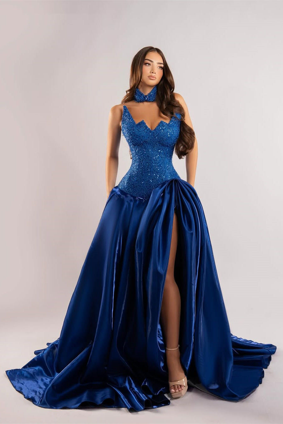 Luxury Royal Blue Strapless Sleeveless Satin Prom Dress A-Line Sequins With High Split