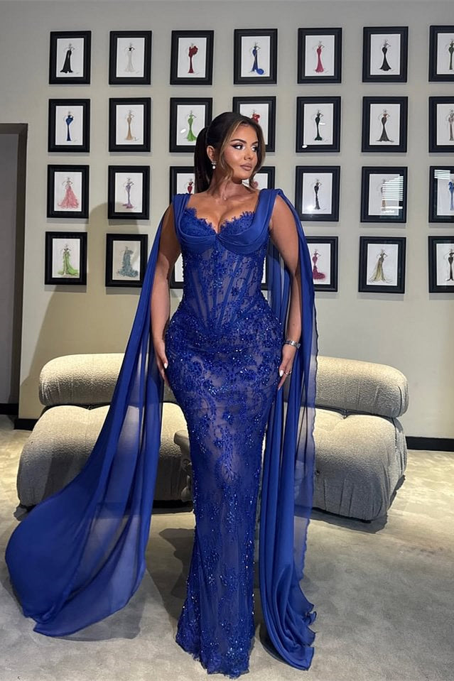 Luxury Royal Blue V-Neck Lace Mermaid Prom Dresses Sleeveless Sheath Ribbons With Beads