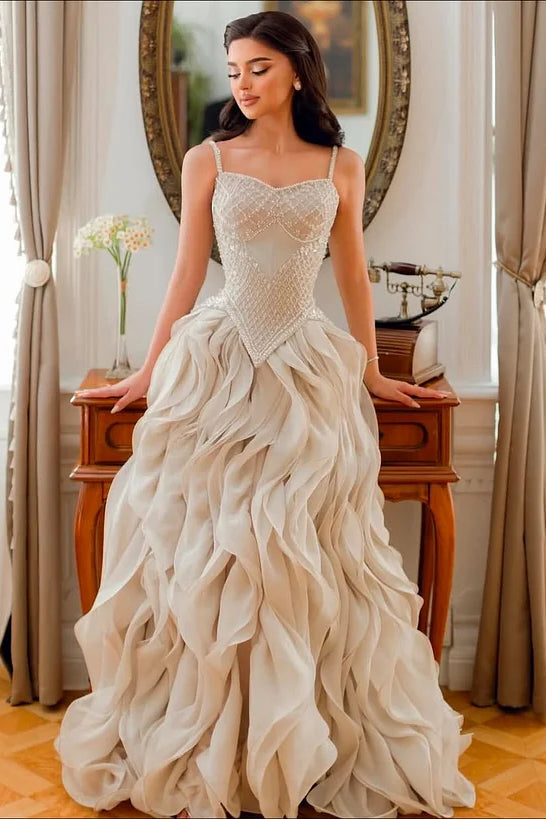 Luxury Sweetheart Spaghetti-Straps Sleeveless Organza Prom Dress A-Line With Lace-Up Back