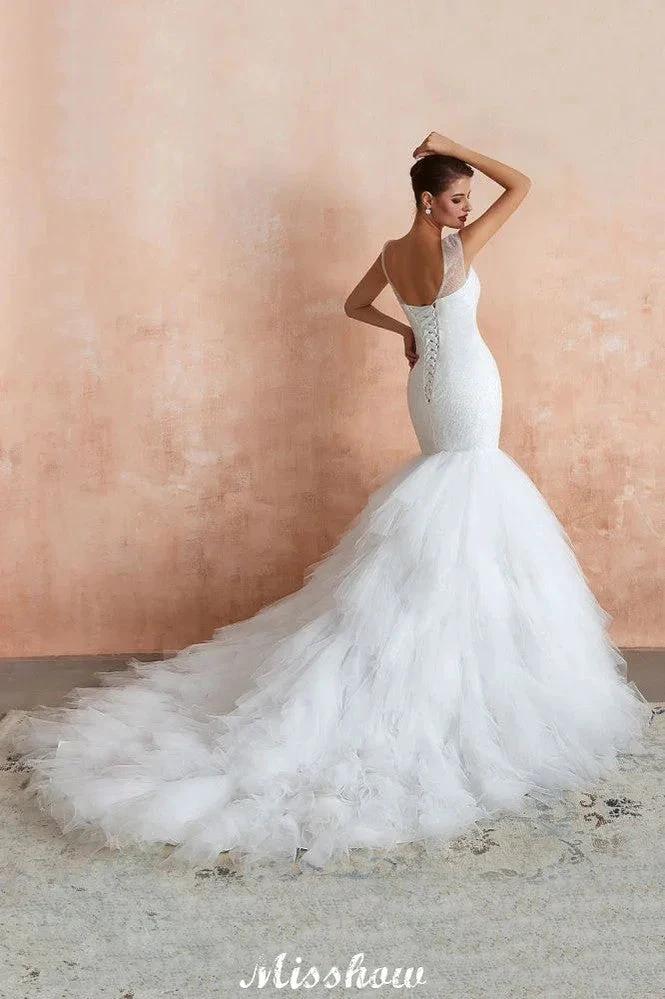 Luxury V-Neck Cap Sleeve Beach Lace up White Bridal Gowns with Sequins (ZD13894)