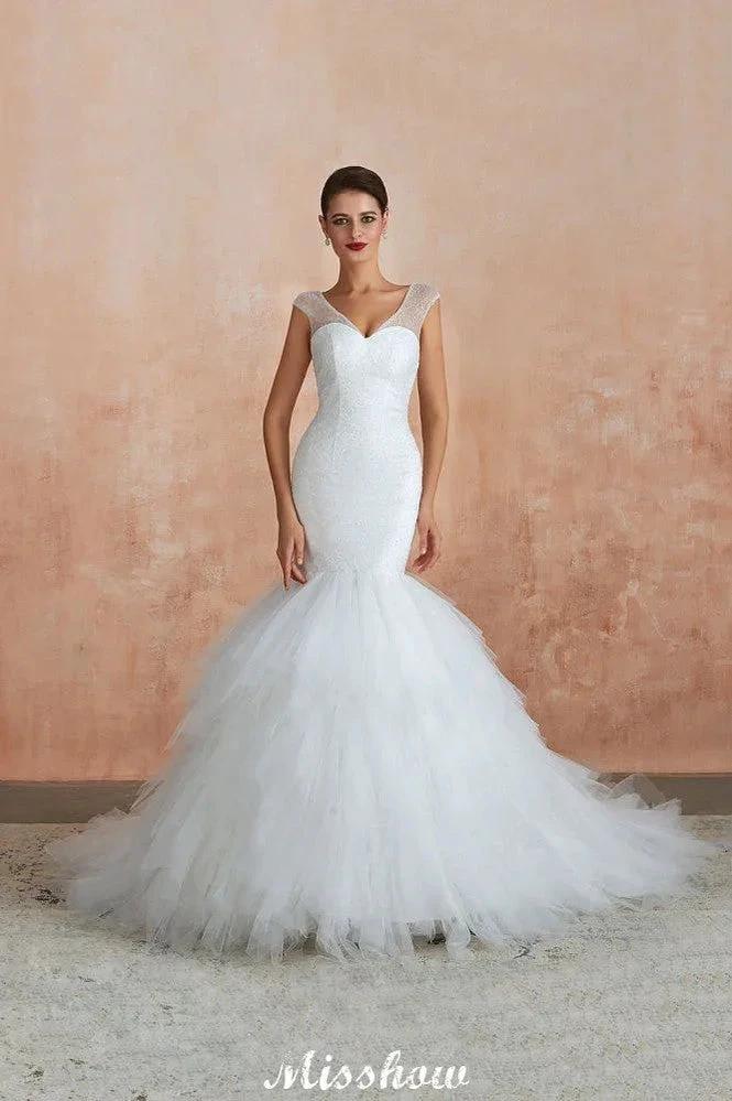 Luxury V-Neck Cap Sleeve Beach Lace up White Bridal Gowns with Sequins (ZD13894)