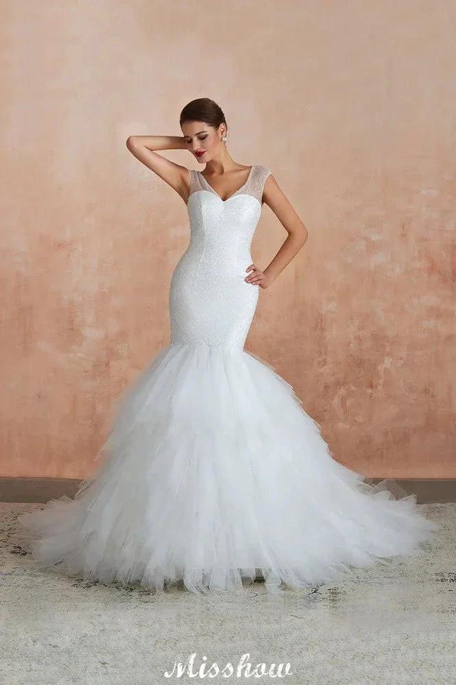 Luxury V-Neck Cap Sleeve Beach Lace up White Bridal Gowns with Sequins (ZD13894)