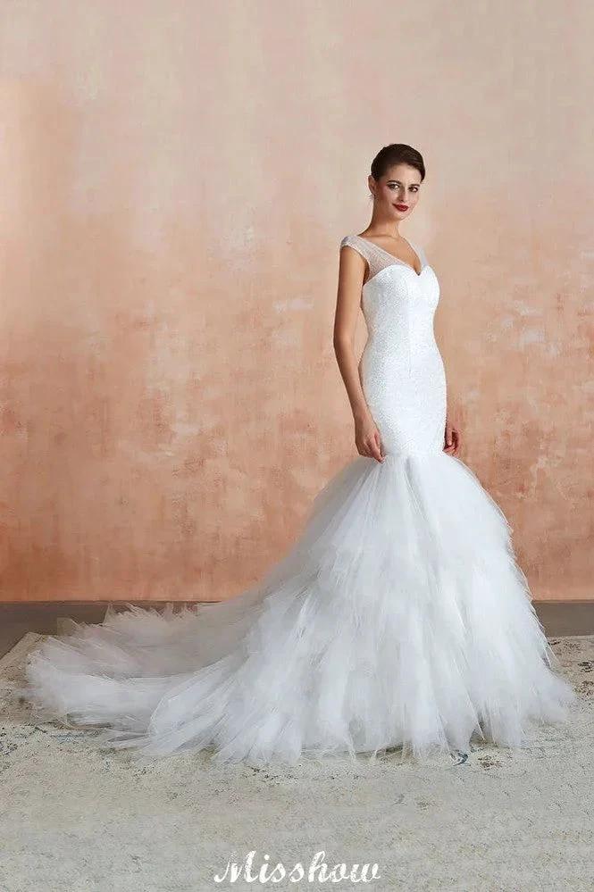 Luxury V-Neck Cap Sleeve Beach Lace up White Bridal Gowns with Sequins (ZD13894)