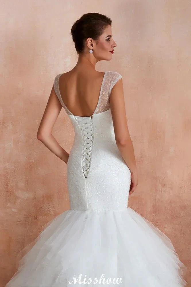 Luxury V-Neck Cap Sleeve Beach Lace up White Bridal Gowns with Sequins (ZD13894)