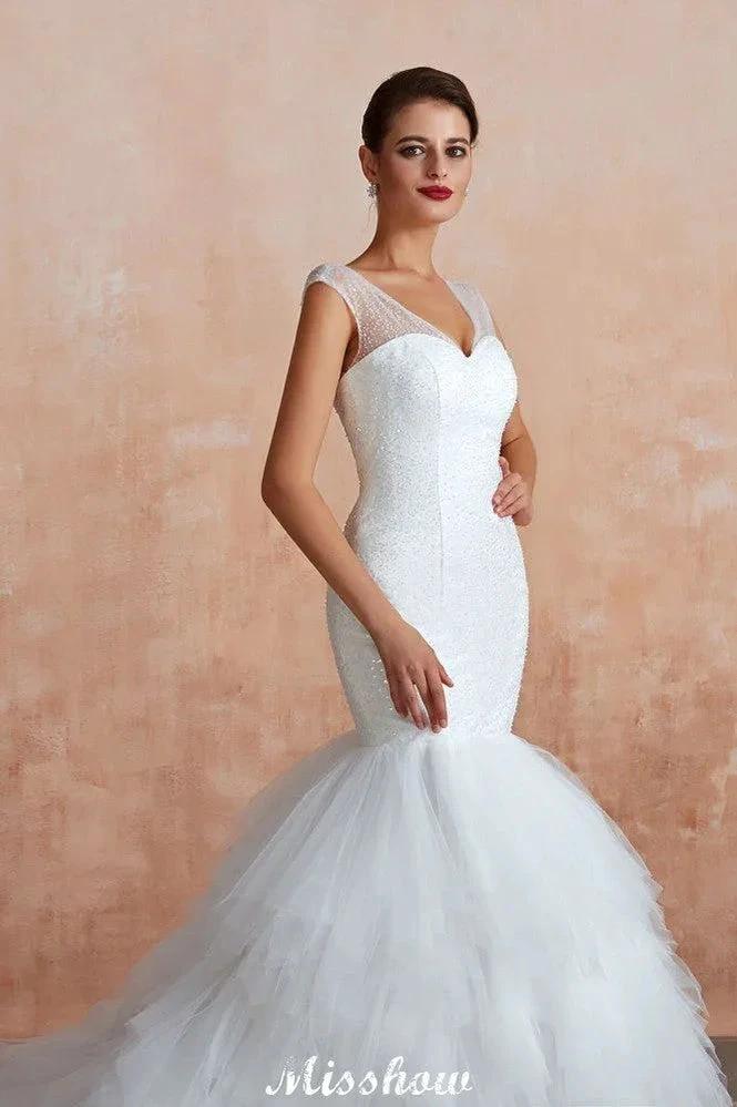 Luxury V-Neck Cap Sleeve Beach Lace up White Bridal Gowns with Sequins (ZD13894)