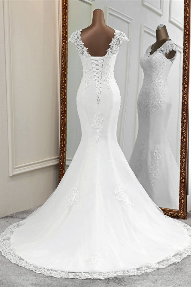 Luxury V-Neck Sleeveless White Lace Mermaid Wedding Dresses with Appliques (ZD17425)