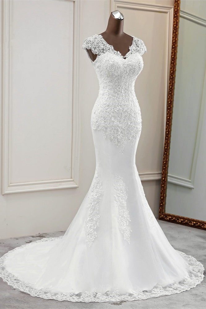 Luxury V-Neck Sleeveless White Lace Mermaid Wedding Dresses with Appliques (ZD17425)