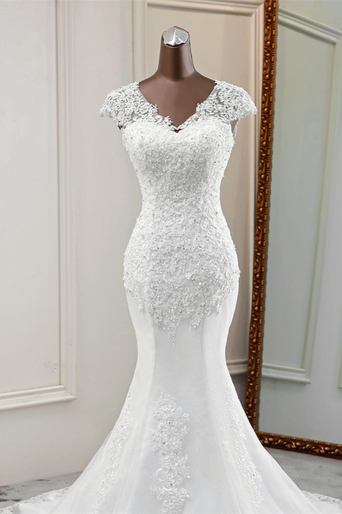 Luxury V-Neck Sleeveless White Lace Mermaid Wedding Dresses with Appliques (ZD17425)