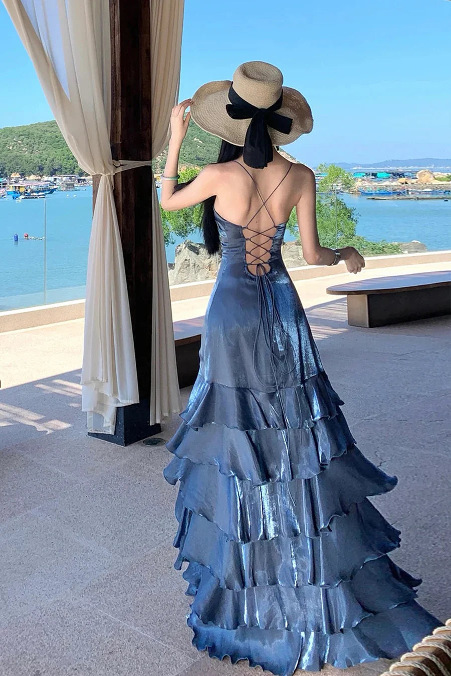 Elegant Deep Slate Blue Spaghetti Strap High-Slit Crisscross Lace-Up Open Back Tiered Satin Long Prom & Evening Dress - View 10 | FashionDia