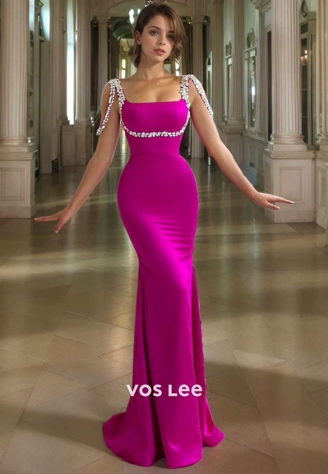 Fuchsia Party Dress Trumpet/Mermaid Rhinestone Spaghtti Straps Long Formal Prom Dress