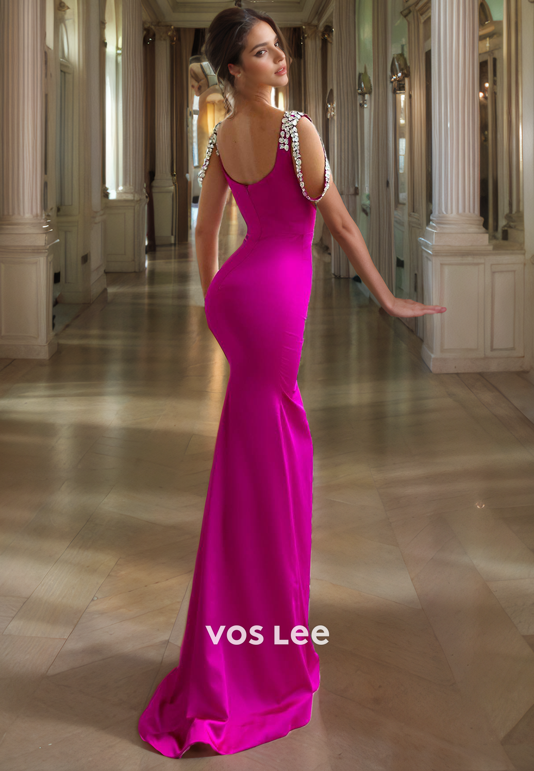 Fuchsia Party Dress Trumpet/Mermaid Rhinestone Spaghtti Straps Long Formal Prom Dress