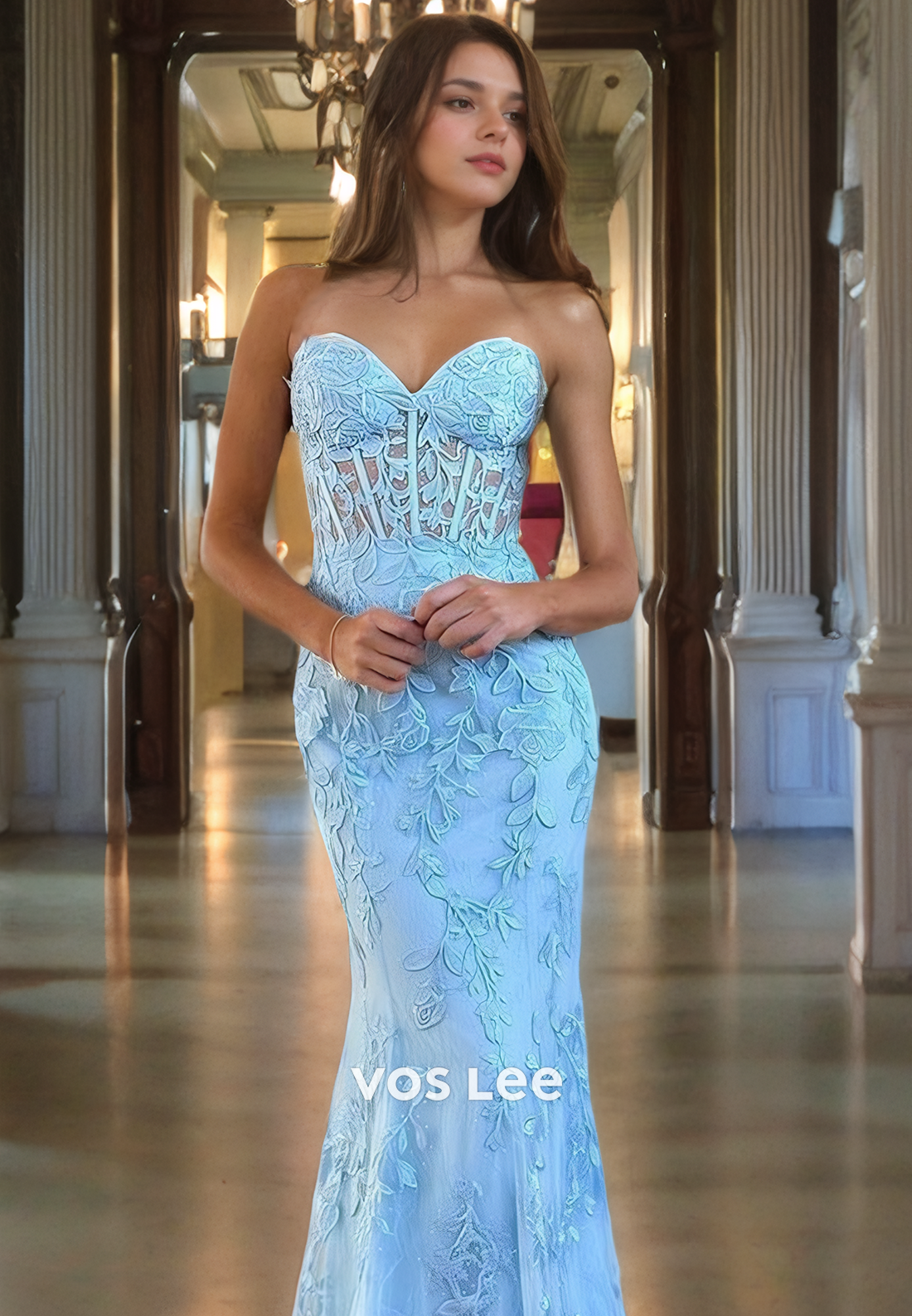 Luxury Blue Lace Mermaid Prom Dress Lace Up Swwetheart Evening Party Dresses