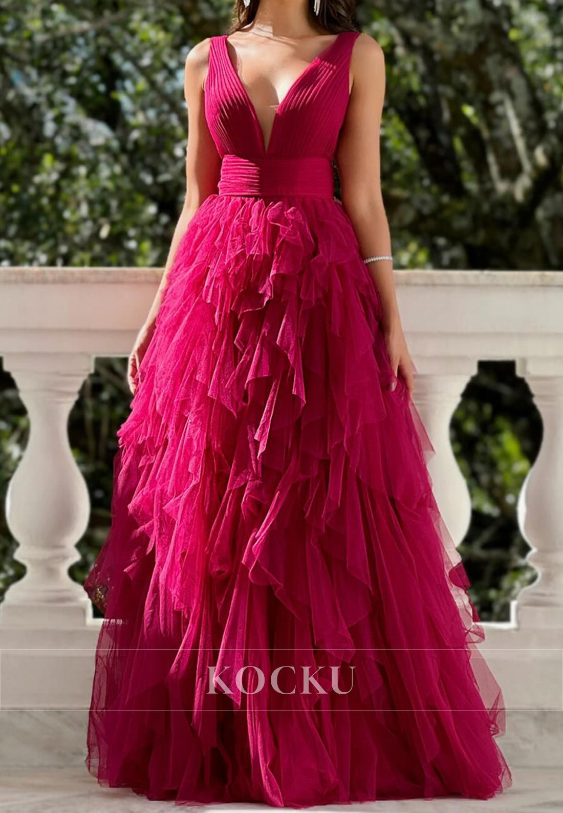 Gorgeous A-Line V-Neck Straps Sleeveless Lace Long Party Prom Dress with Pleats