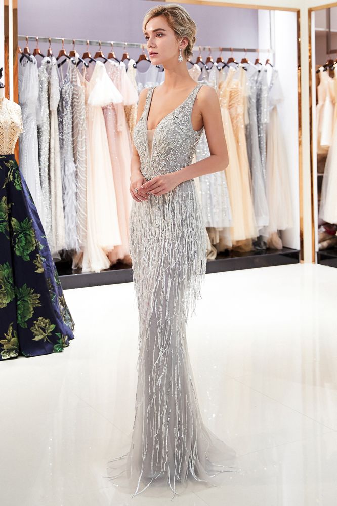 MARY Mermaid Deep V-Neck Sleeveless Tassel Beading Party Dresses