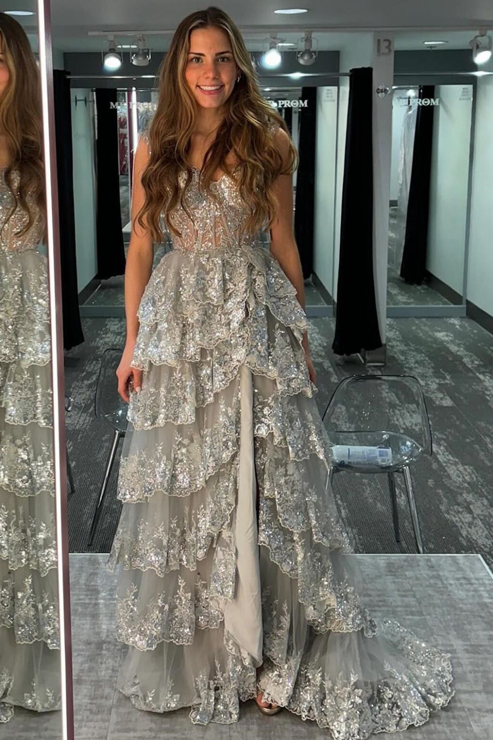 Princess A Line Sweetheart Blue Corset Prom Dress with Lace Ruffles