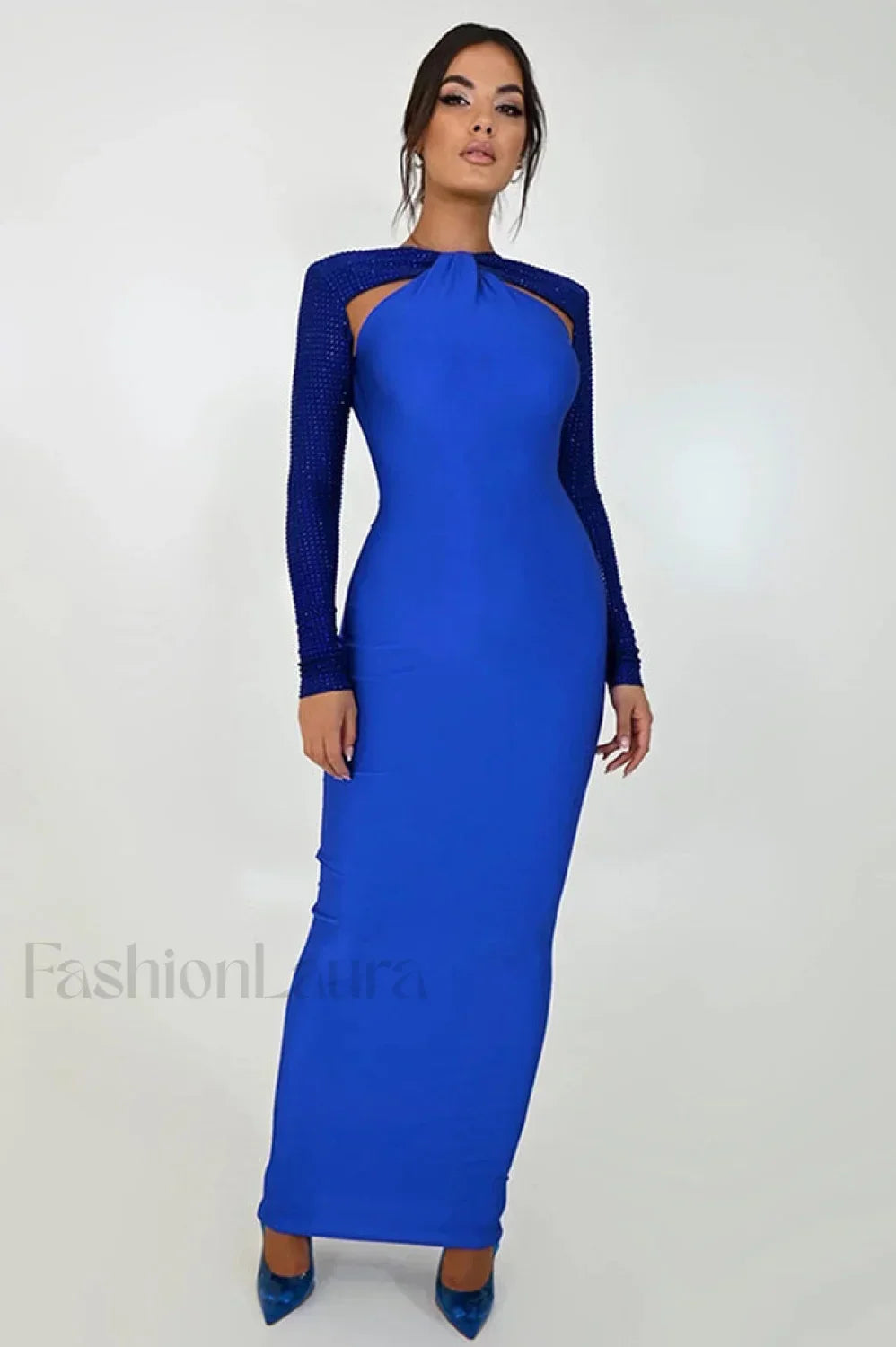 Megan Long Stylish Sleeve Patchwork Dress S / Blue