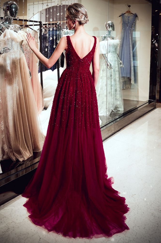MELANIE A-Line Long V-Neck Sleeveless Burgundy Sequins Tulle Evening Dresses