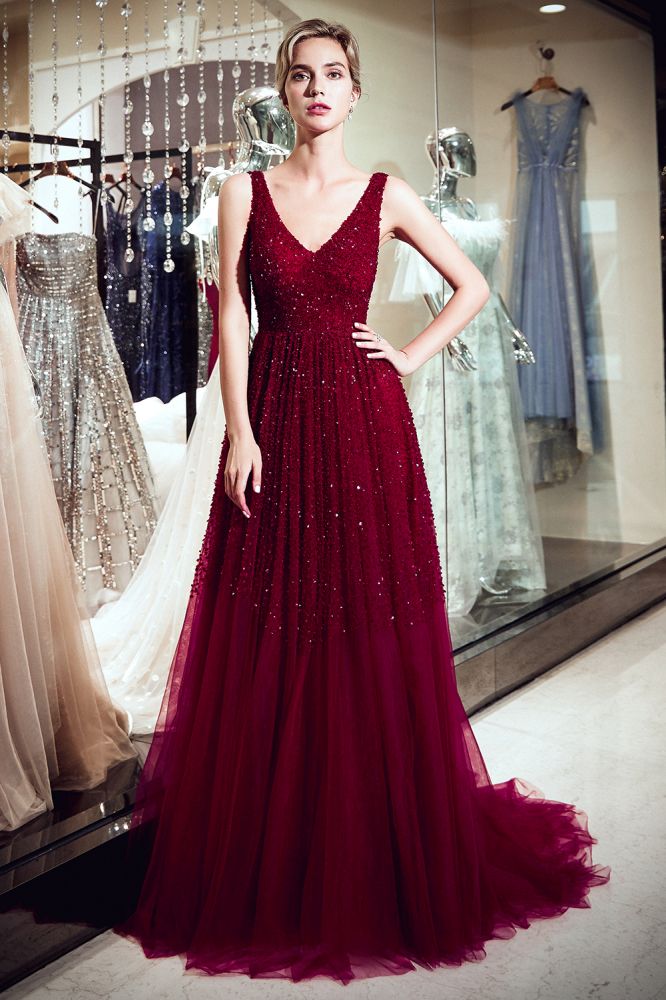 MELANIE A-Line Long V-Neck Sleeveless Burgundy Sequins Tulle Evening Dresses