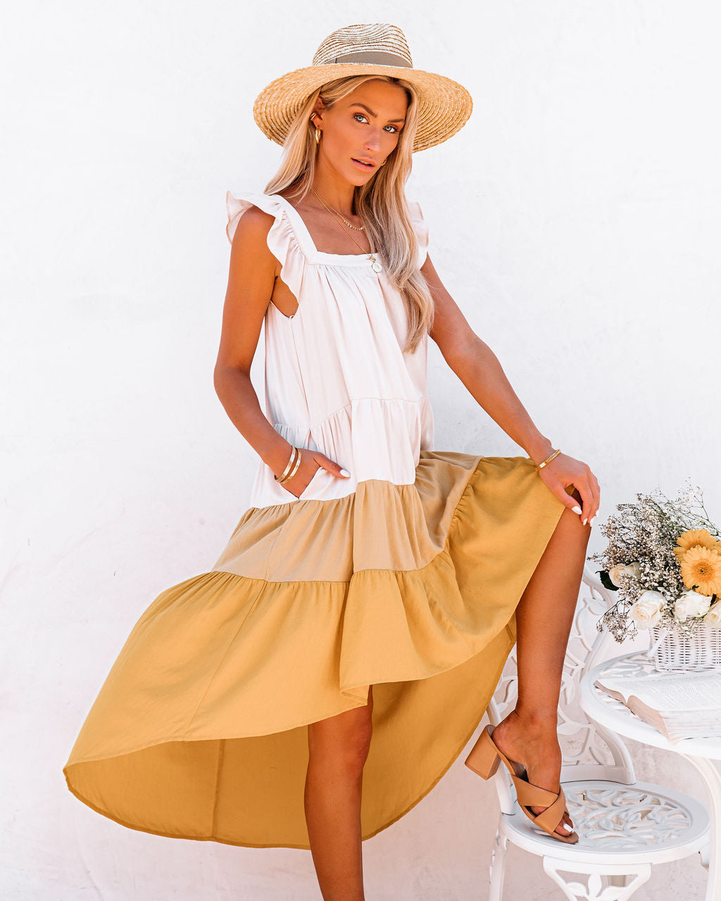 Melody Of Summer Pocketed High Low Tiered Midi Dress Mustard