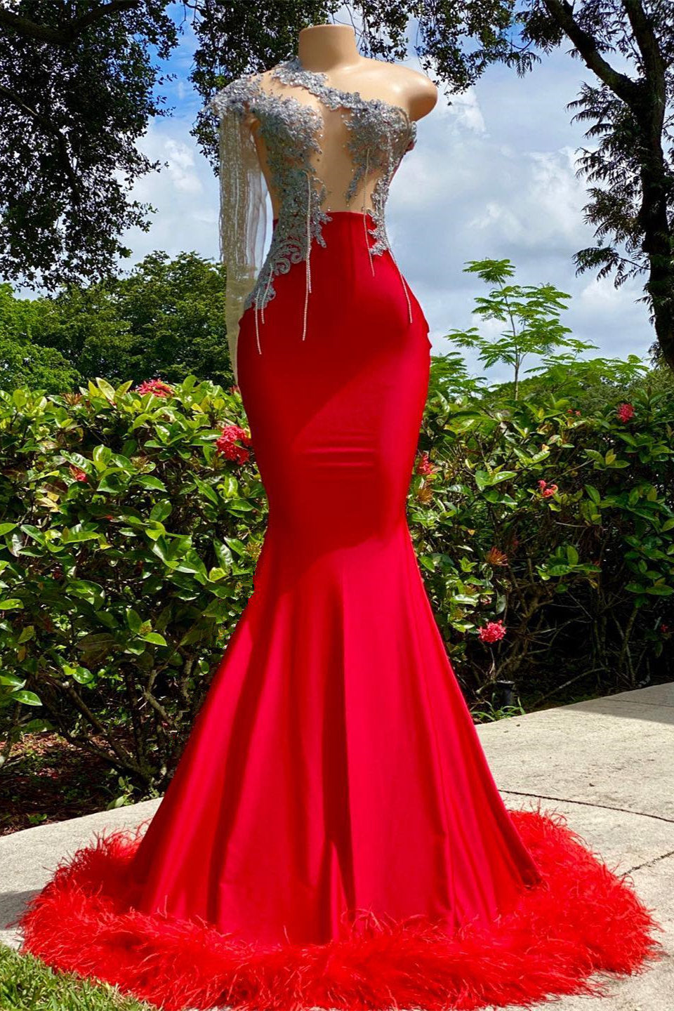 Mermaid Asymmetrical Appliques Lace Sequined Open Back One-Shoulder Floor-Length Sleeveless Prom Dress With Feather
