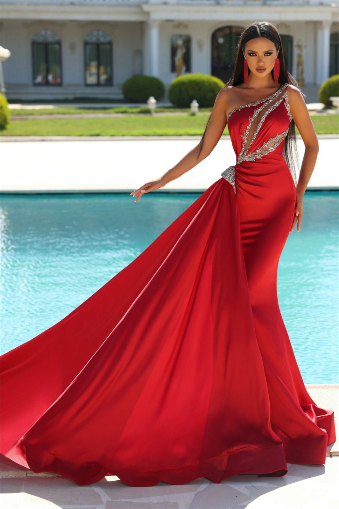 Mermaid Asymmetrical Beaded Floor-Length Sleeveless Open Back With Side Train Prom Dress