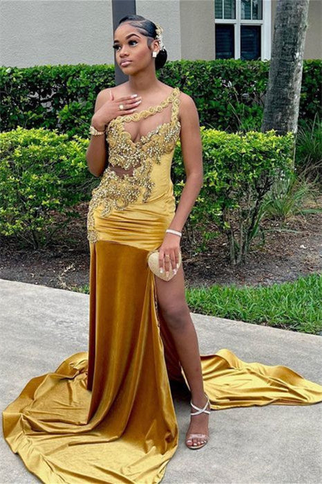 Mermaid Asymmetrical Beaded Lace Sequined Applique High Split Floor-Length Sleeveless Prom Dress