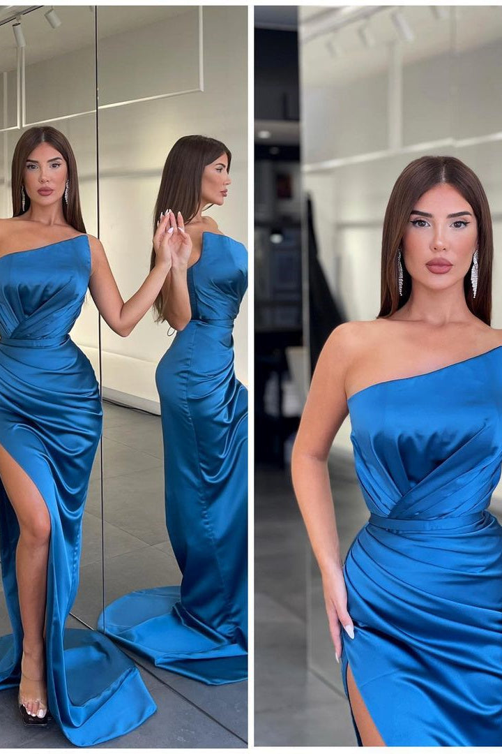 Mermaid Asymmetrical High Split Ruffles Floor-Length Sleeveless Open Back Prom Dress