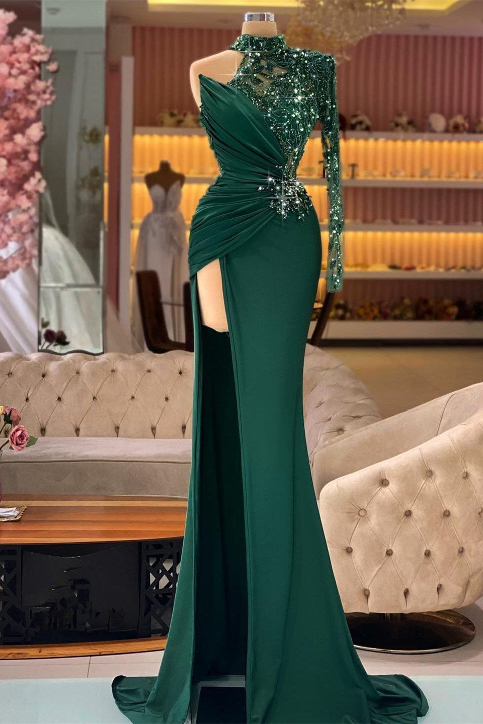 Mermaid Asymmetrical One-Shoulder Sequined Floor-Length Long Sleeve Lace Applique Prom Dress