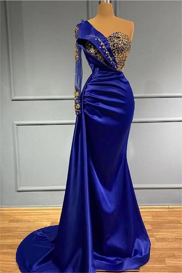 Mermaid Asymmetrical Sequined Floor-Length Appliques Lace With Side Train Prom Dress