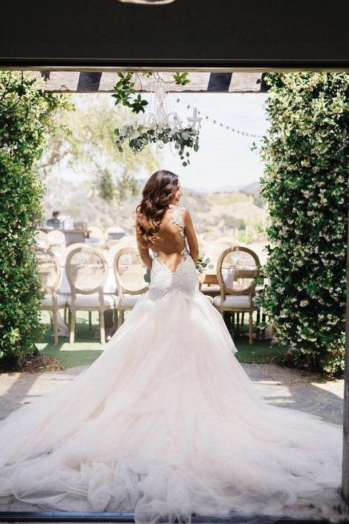 Mermaid Boat Neck Court Train Ivory Tulle Wedding Dress (ZD15449)