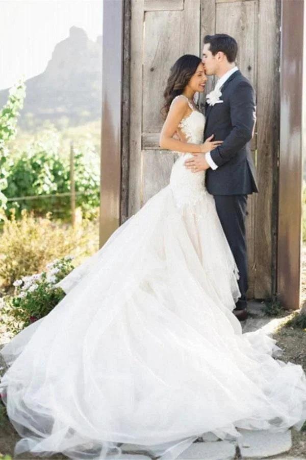 Mermaid Boat Neck Court Train Ivory Tulle Wedding Dress (ZD15449)