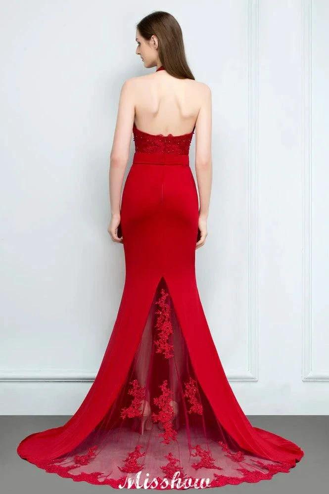 Mermaid Charmeuse Lace Halter SleevelessBridesmaid Dress Floor-Length Prom Dress (ZD12924)