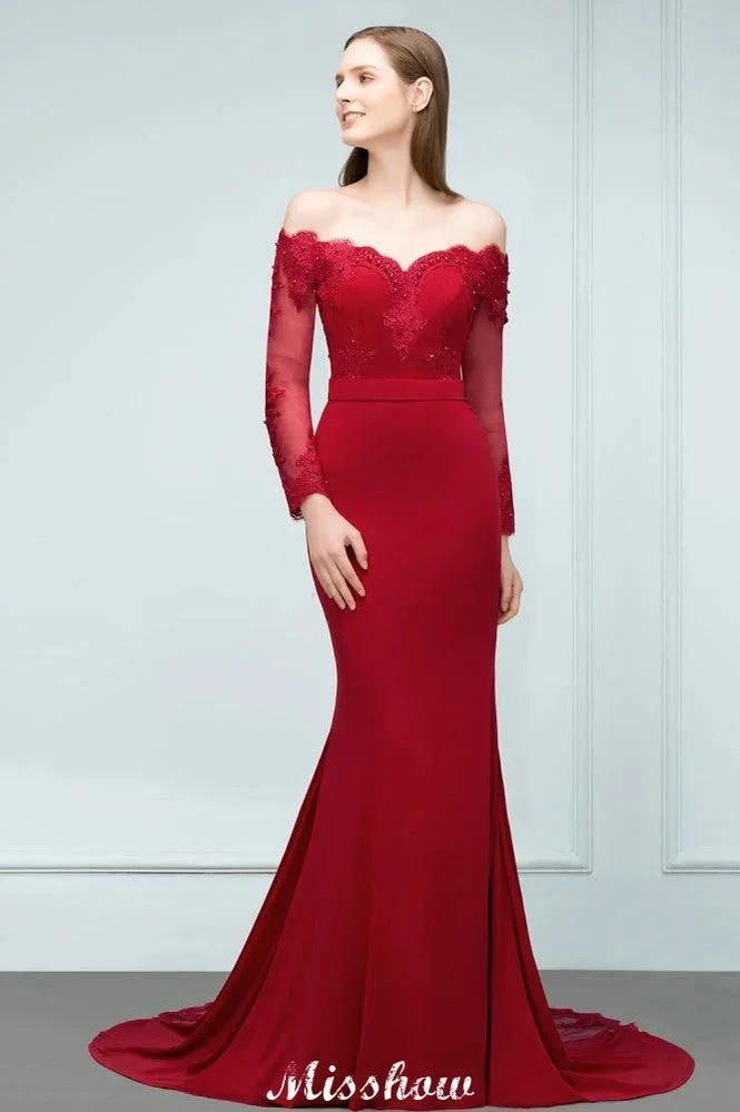 Mermaid Charmeuse Off-the-Shoulder V-Neck Floor-Length Bridesmaid Dress with Appliques (ZD12923)