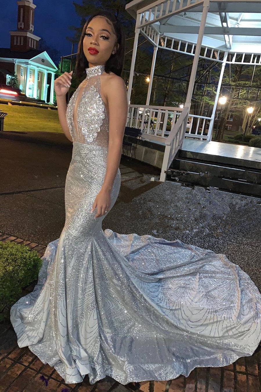 Mermaid Deep V-Neck Halter Chapel Backless Paillette Prom Dress