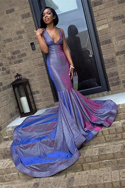 Mermaid Deep V-Neck Halter Chapel Ruffle Hem Paillette Prom Dress