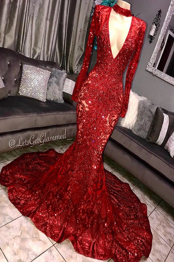 Mermaid Deep V-Neck Round Collar Long Sleeve Floor-Length Crochet Flower Embroidery Prom Dress