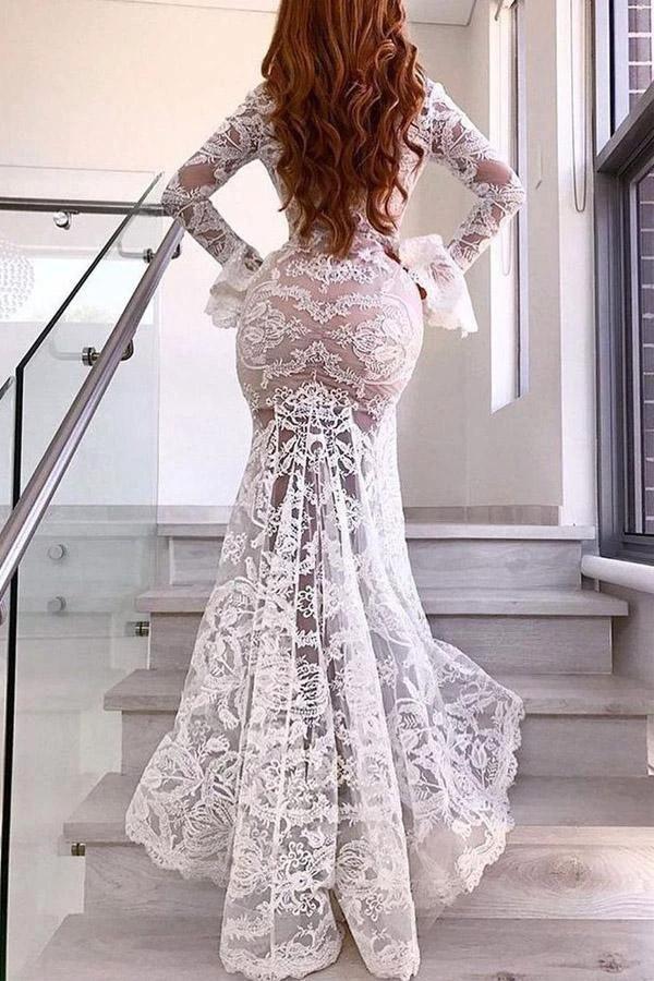 Mermaid Deep V Wedding Dress With Long Sleeve Sexy Lace Wedding Dress (ZD16002)