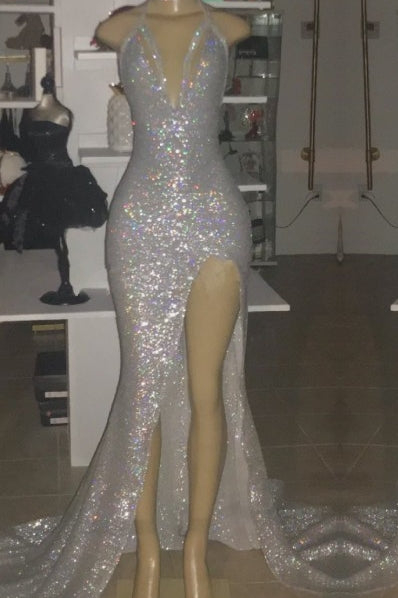 Mermaid Front Slit Deep V-Neck Halter Court Paillette Prom Dress