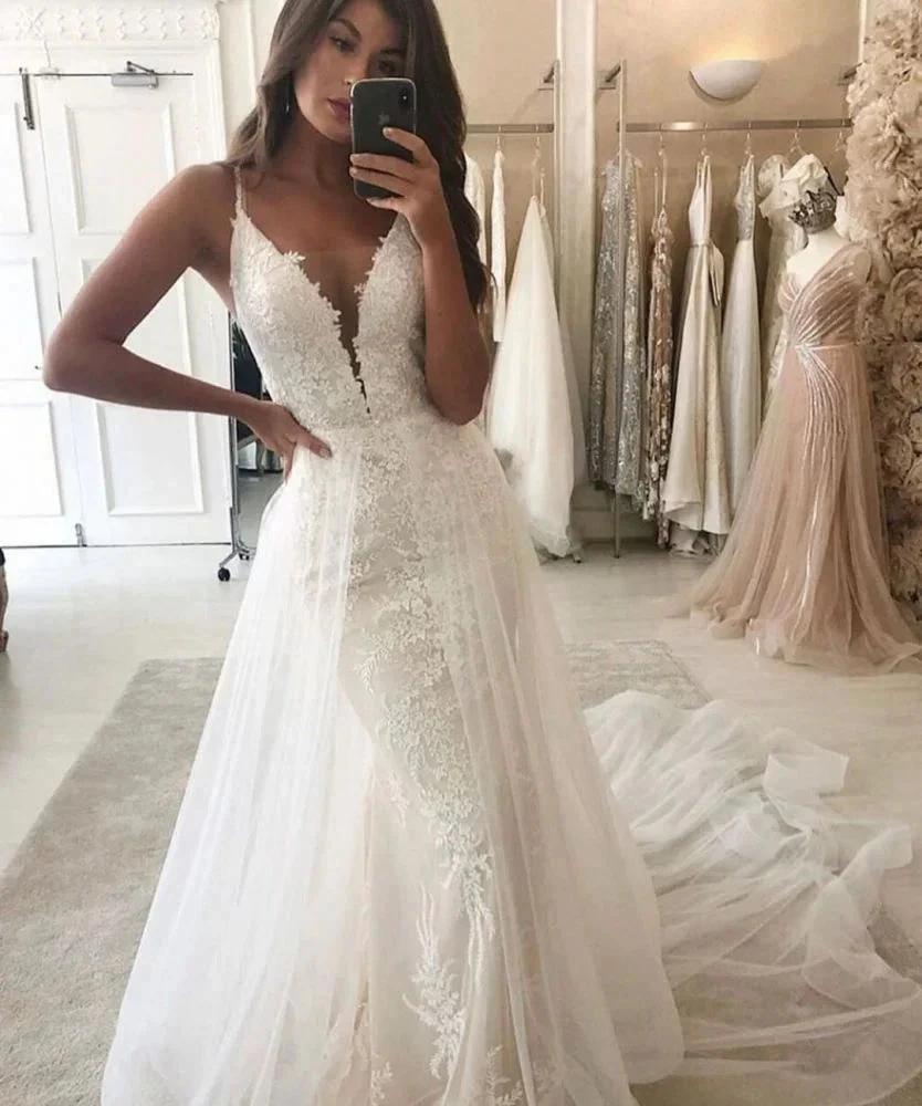 Mermaid Garden Bridal Gown Wedding Dress V-Neck Straps Detachable Train (ZD13834)