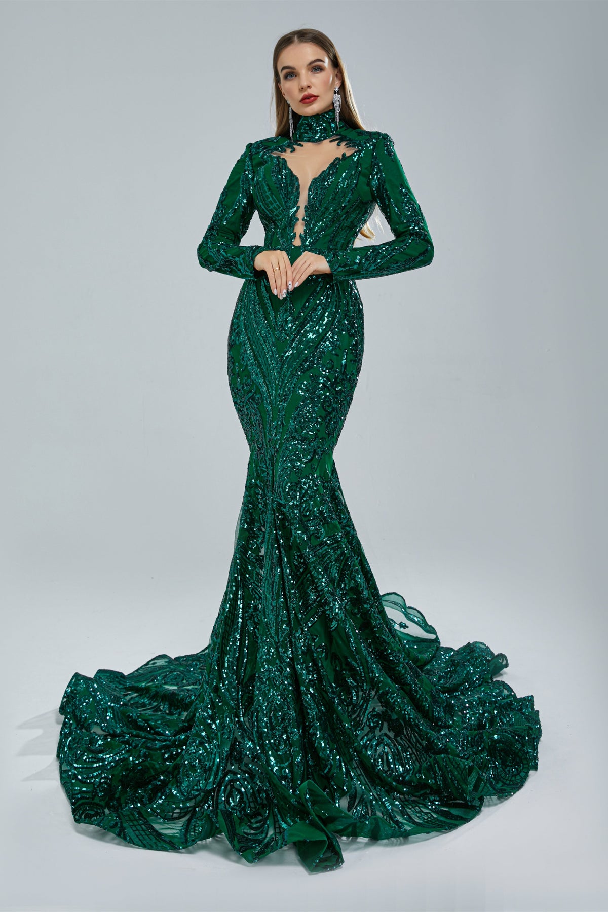 Mermaid High Neck Lace Sequined Floor-Length Long Sleeve Elegant Prom Dress