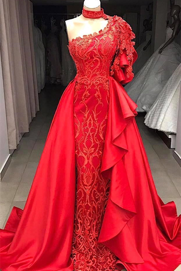Mermaid High Neck One-Shoulder Floor-Length Half Sleeve Appliques Lace With Side Train Prom Dress