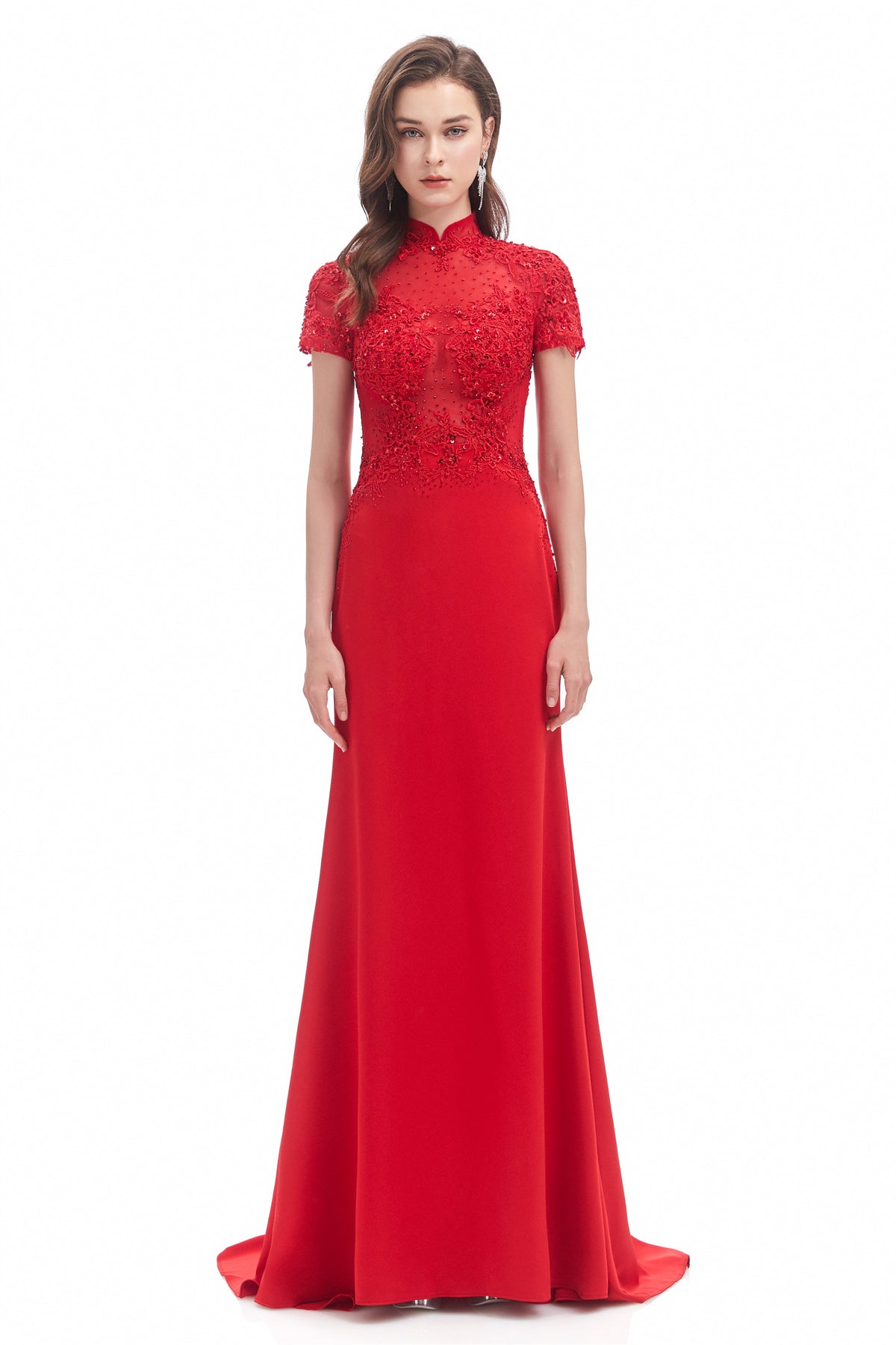 Mermaid High Neck Sequined Floor-Length Short Sleeve Appliques Lace Prom Dress