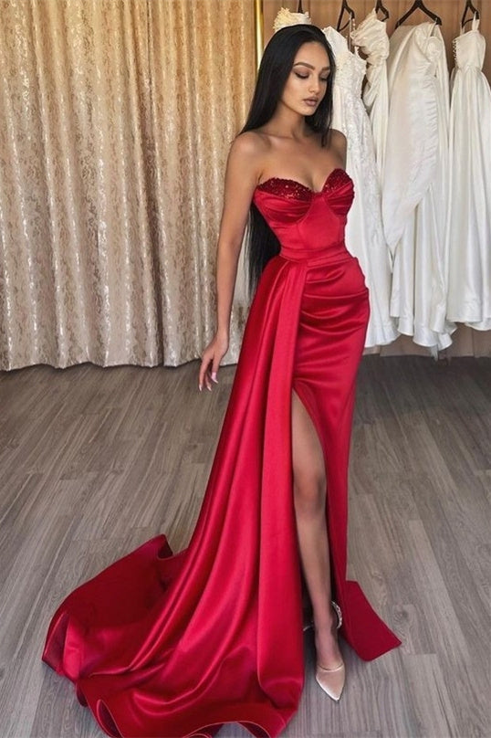 Mermaid High Split Sweetheart Strapless Floor-Length Side train Beaded Prom Dress