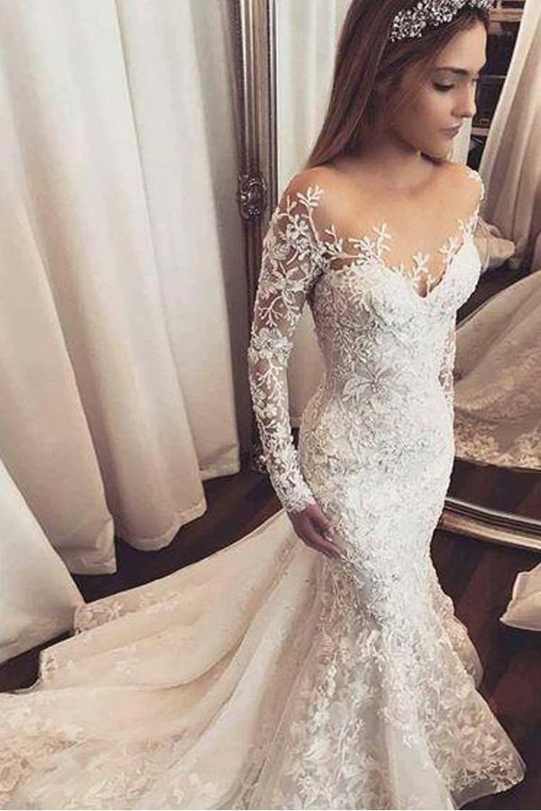 Mermaid Ivory Lace  Sweep/Brush Train Scoop Long Sleeve Wedding Dress (ZD15288)