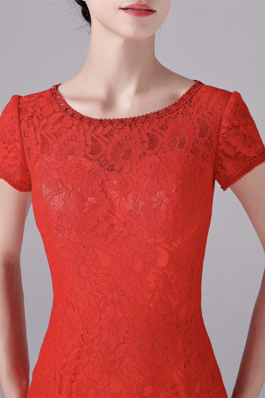 Mermaid Jewel Lace Floor-Length Short sleeves Vintage mother's dress