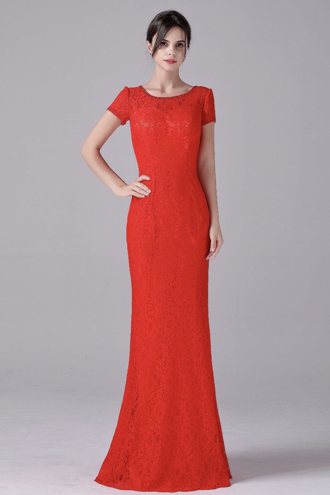 Mermaid Jewel Lace Floor-Length Short sleeves Vintage mother's dress
