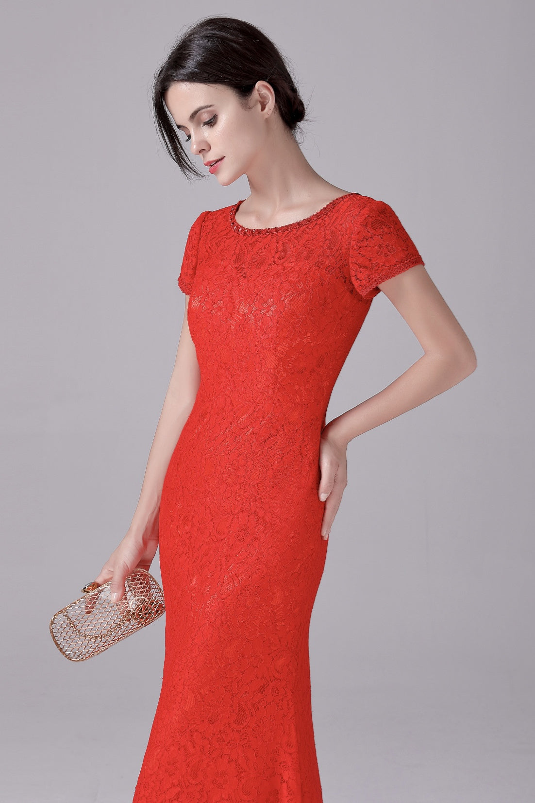 Mermaid Jewel Lace Floor-Length Short sleeves Vintage mother's dress
